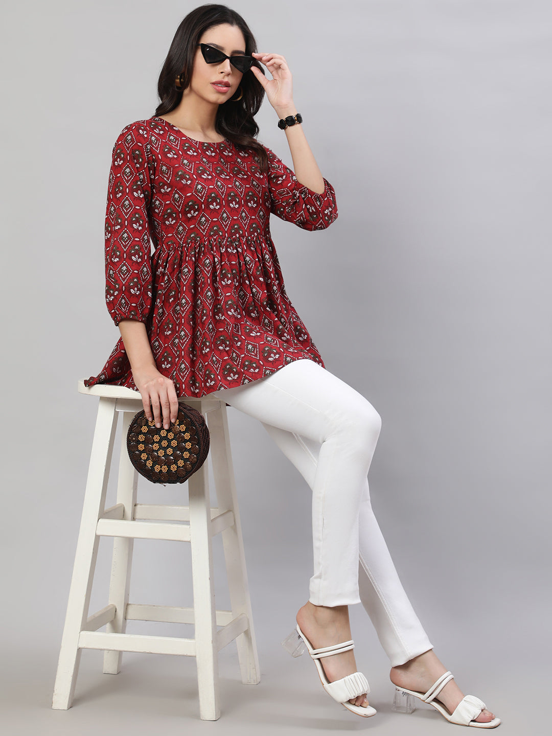 Printed 3/4 Sleeves Regular Pure Cotton Top