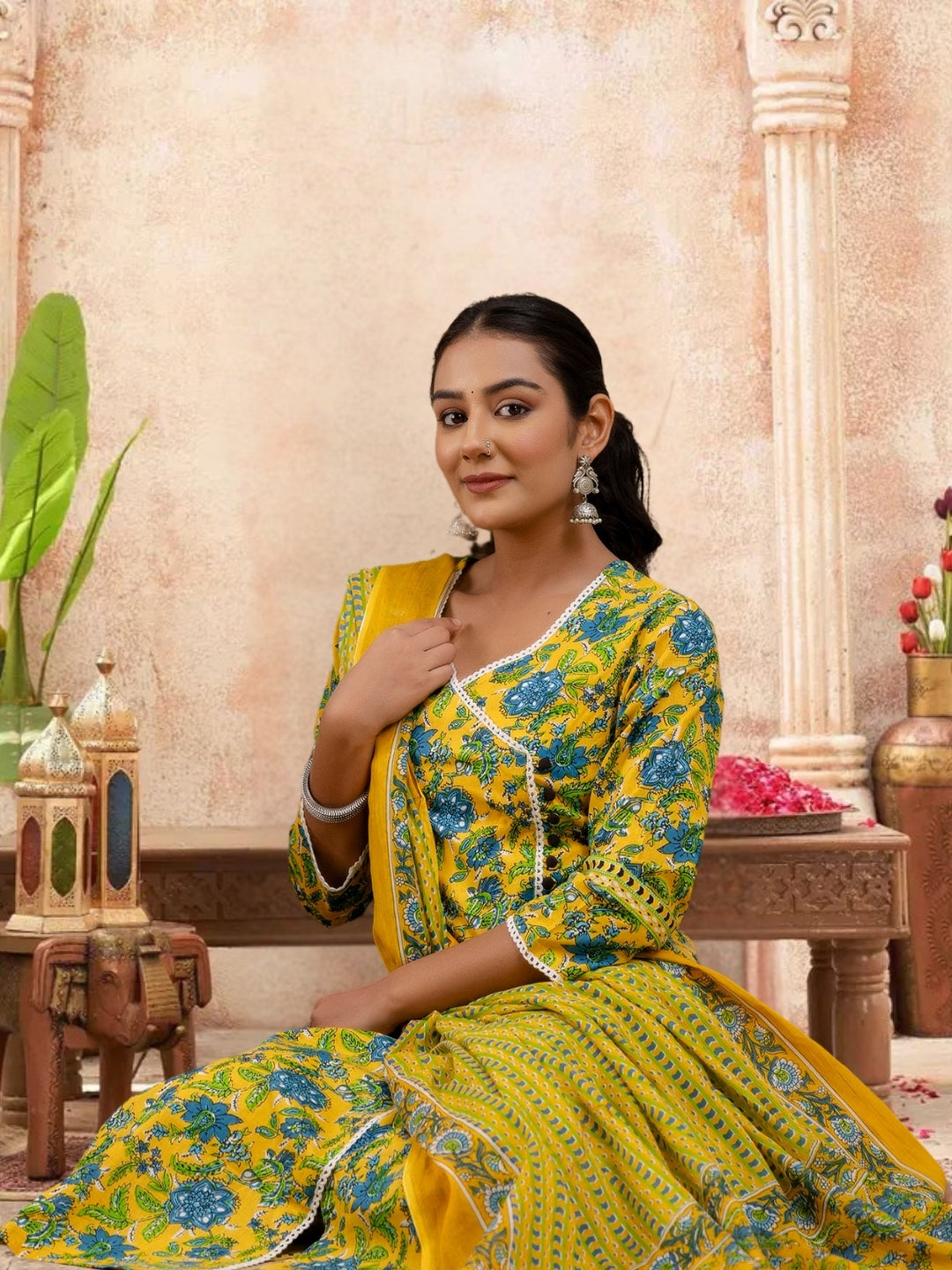 Floral Bliss Yellow Cotton Kurta Set With Dupatta.