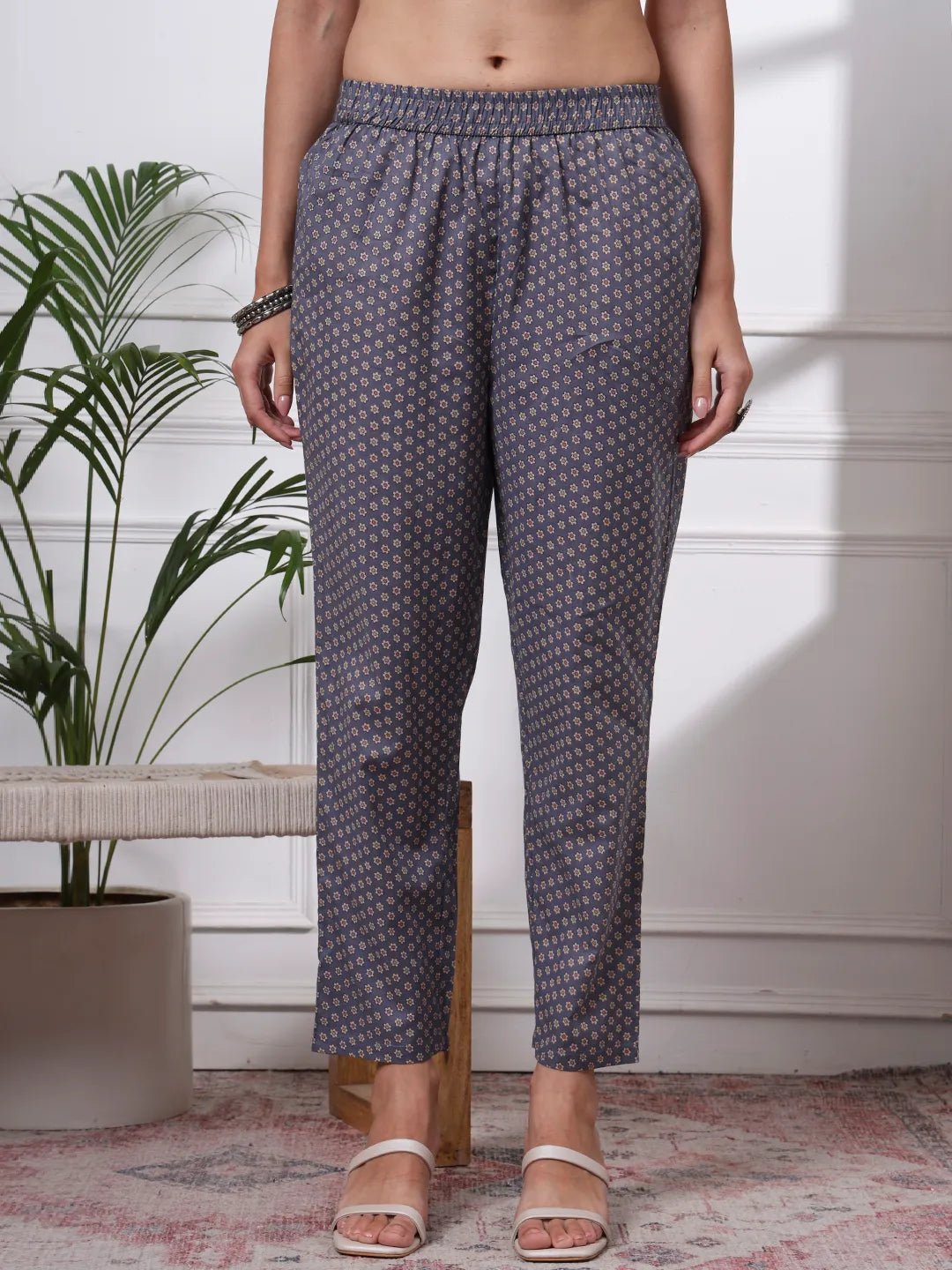 Grey Ethnic Motifs A-Line Kurta Trouser Dupatta Set