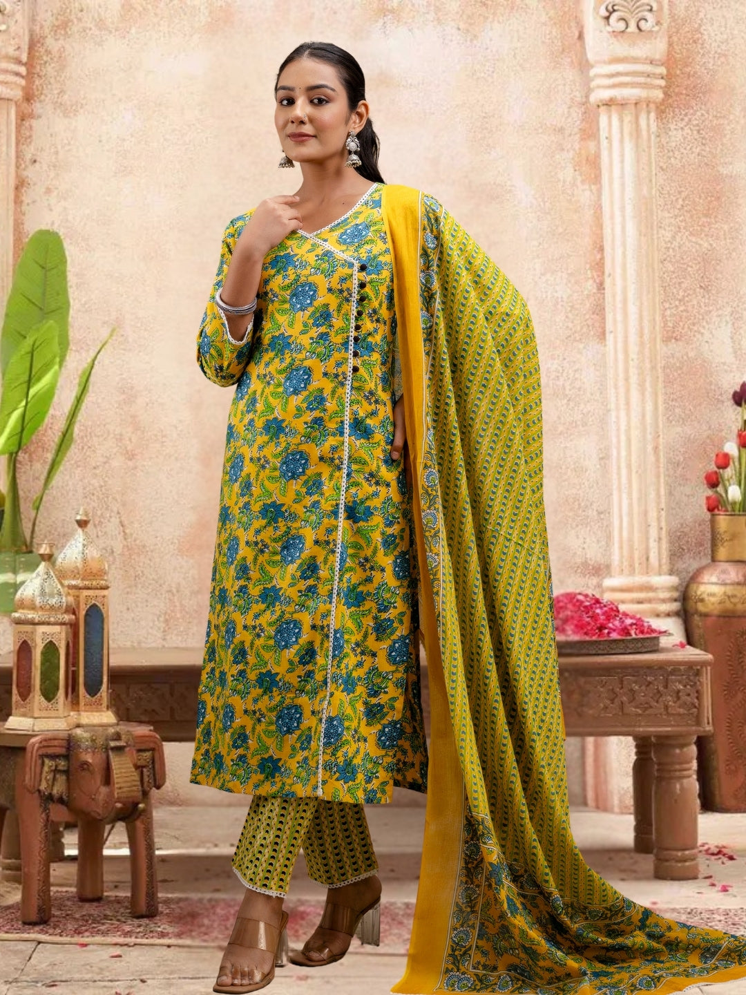 Floral Bliss Yellow Cotton Kurta Set With Dupatta.