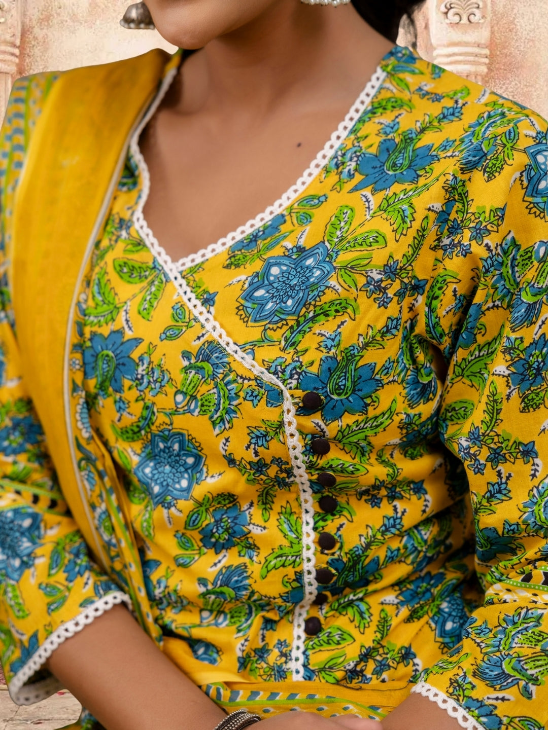 Floral Bliss Yellow Cotton Kurta Set With Dupatta.
