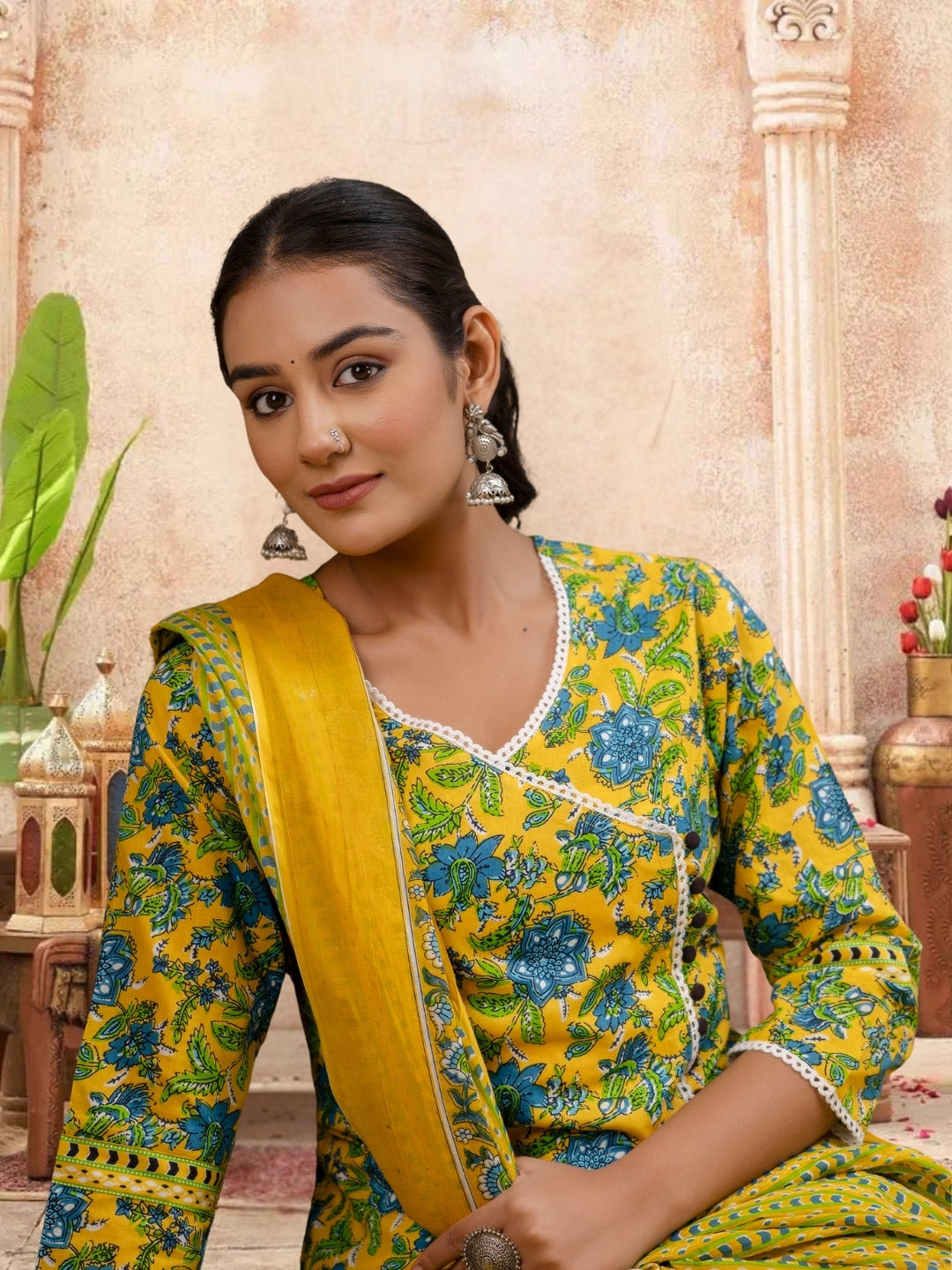 Floral Bliss Yellow Cotton Kurta Set With Dupatta.