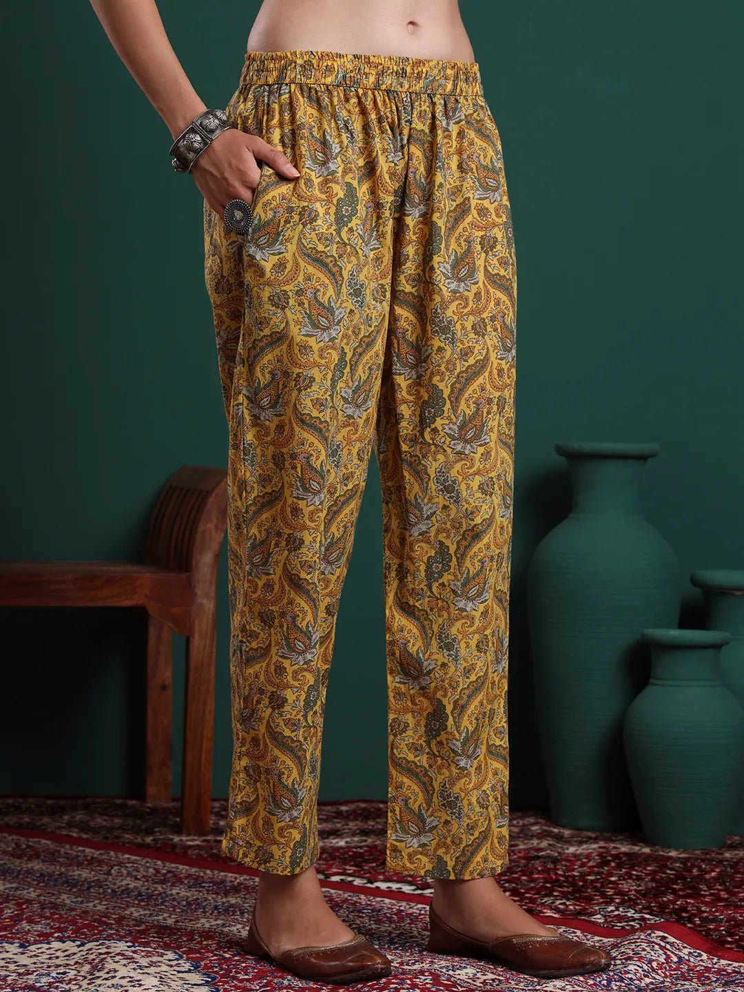 Mustard Cotton Ethnic Motifs Beads And Stones Kurta Pants Dupatta Set