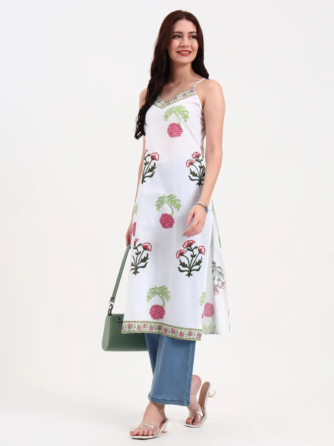 White Floral Block Print Cotton Straight Kurta