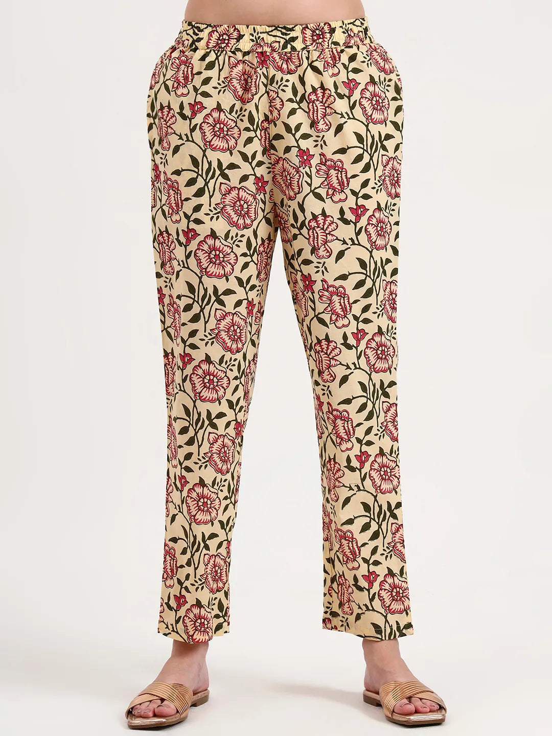 Beige Pure Cotton Sequins Work Straight Kurta Trouser Dupatta Set