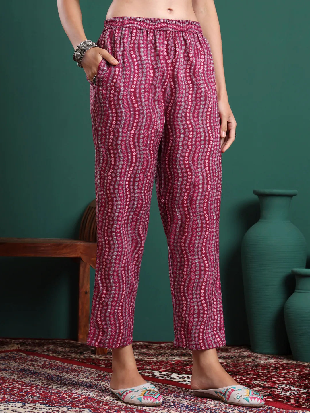 Burgundy And Grey Cotton Floral Print Lace Work Kurta Pants Dupatta Set