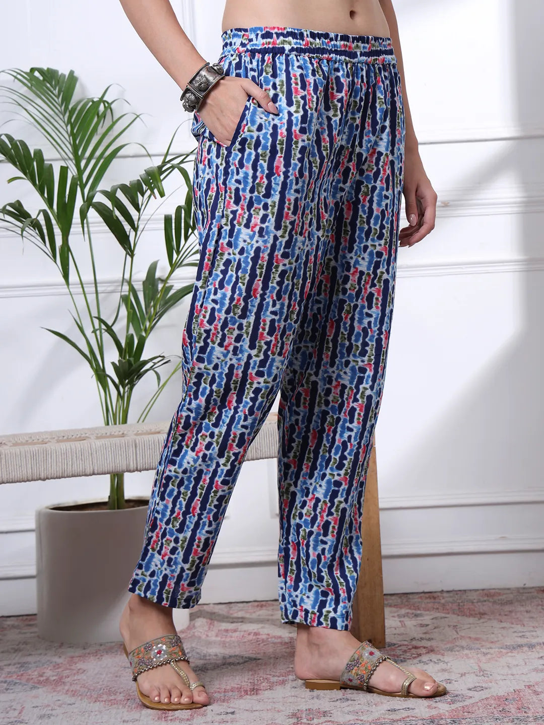 Indigo Blue Lace Work Cotton Straight Kurta Trouser Dupatta Set