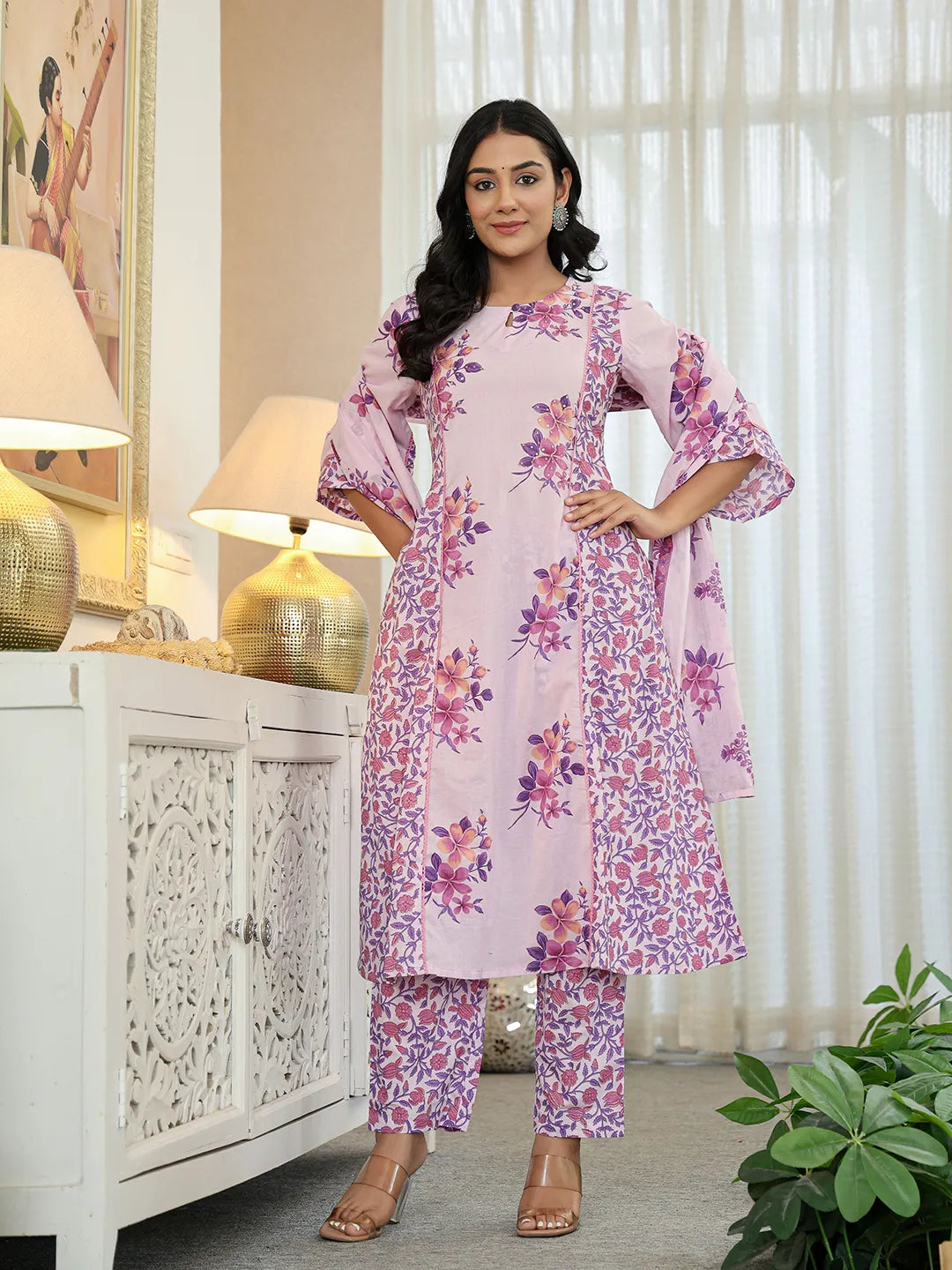 Lavender Cotton A Line Dupatta Set With Lacework