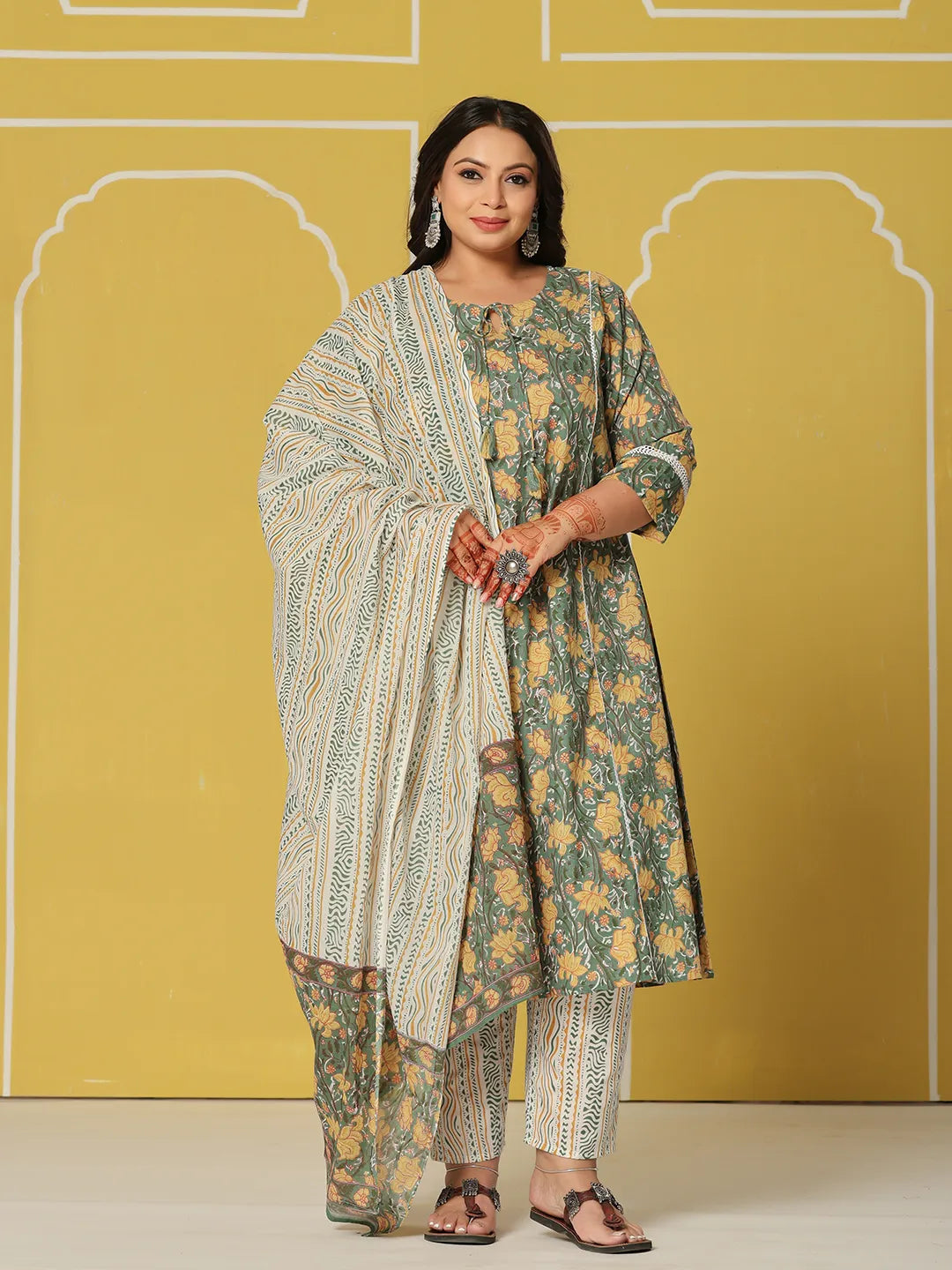 Green Cotton A-Line Plus Size Kurta Set
