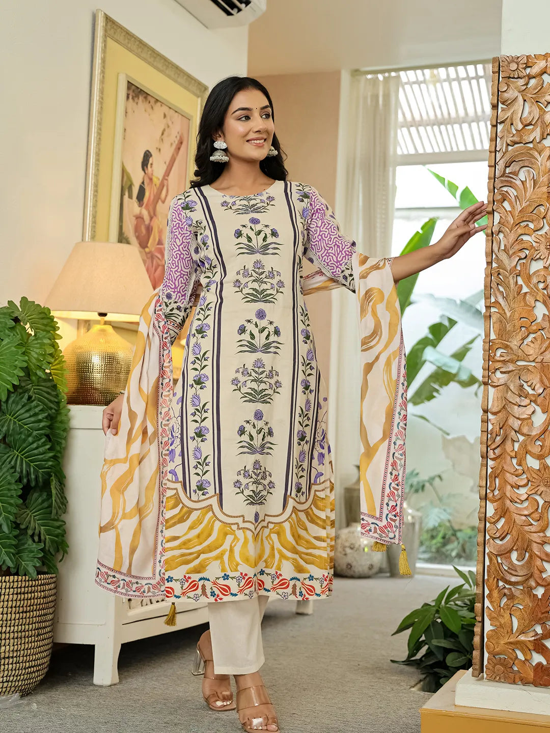 Yellow Cotton Straight Floral Print Beads And Stones Kurta Dupatta Set