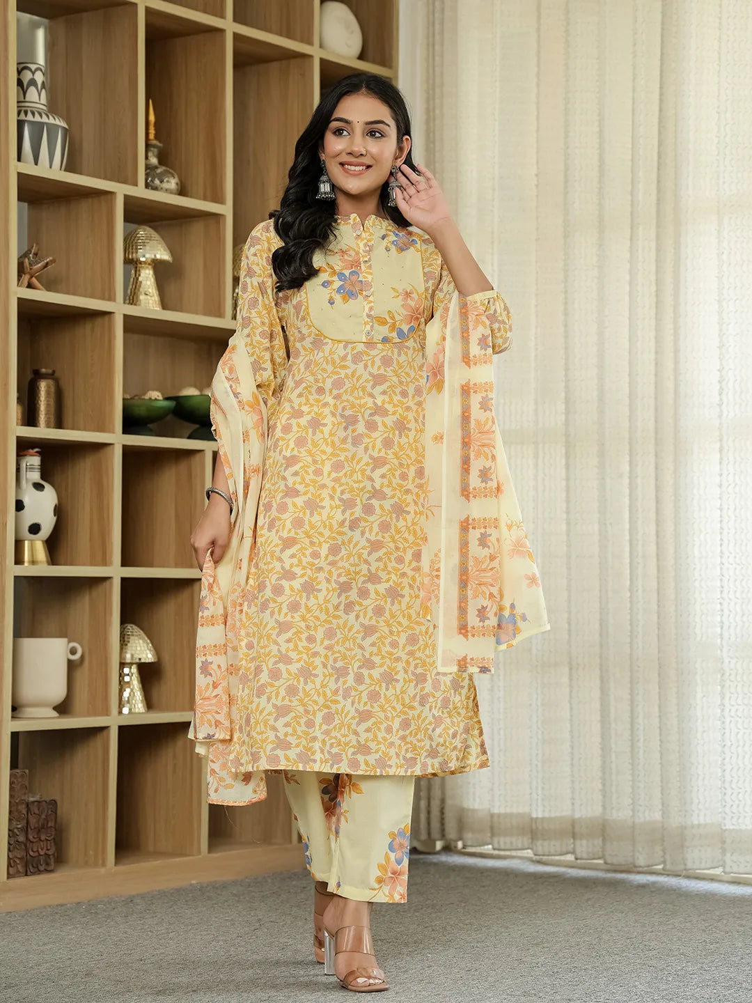 Yellow Cotton Straight Floral Sequins-Work Kurta Dupatta Set