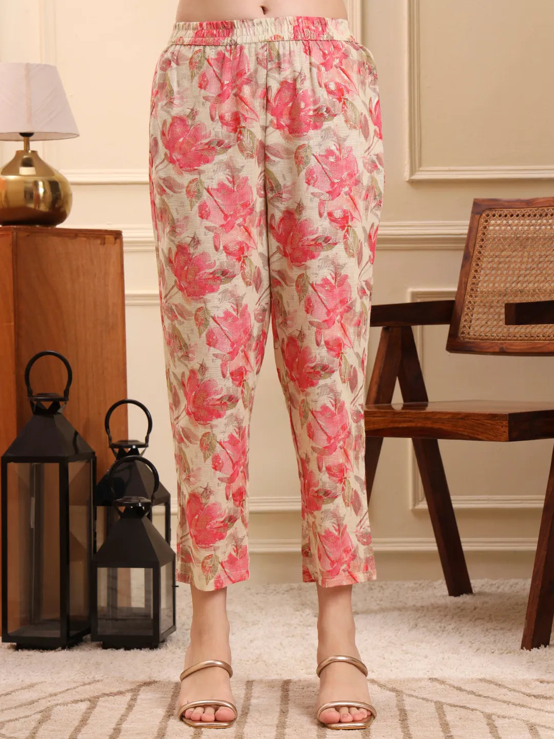 Pink Floral Print Linen A-Line Kurta Trouser Set