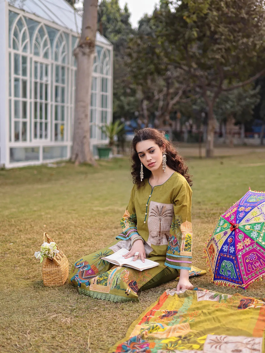 Green Pure Cotton Sequins-Work Piping Pakistani Style Kurta Trouser Dupatta Set