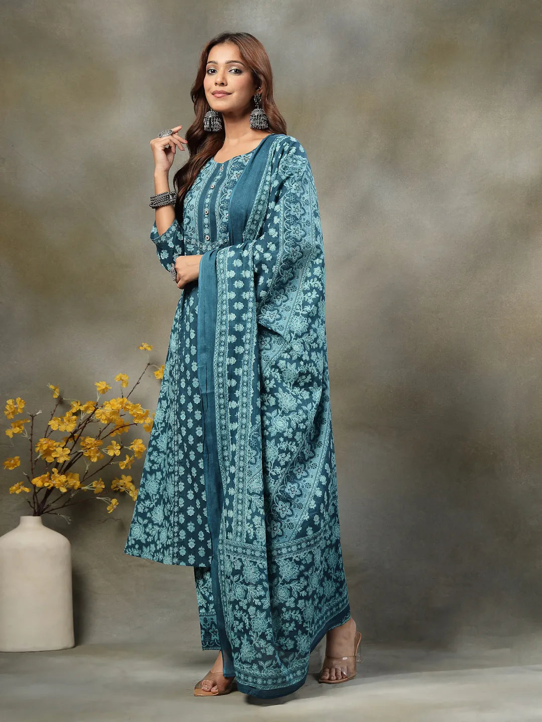 Teal Blue Floral Print Sequins Work Cotton A-Line Kurta And Trouser With Dupatta Set