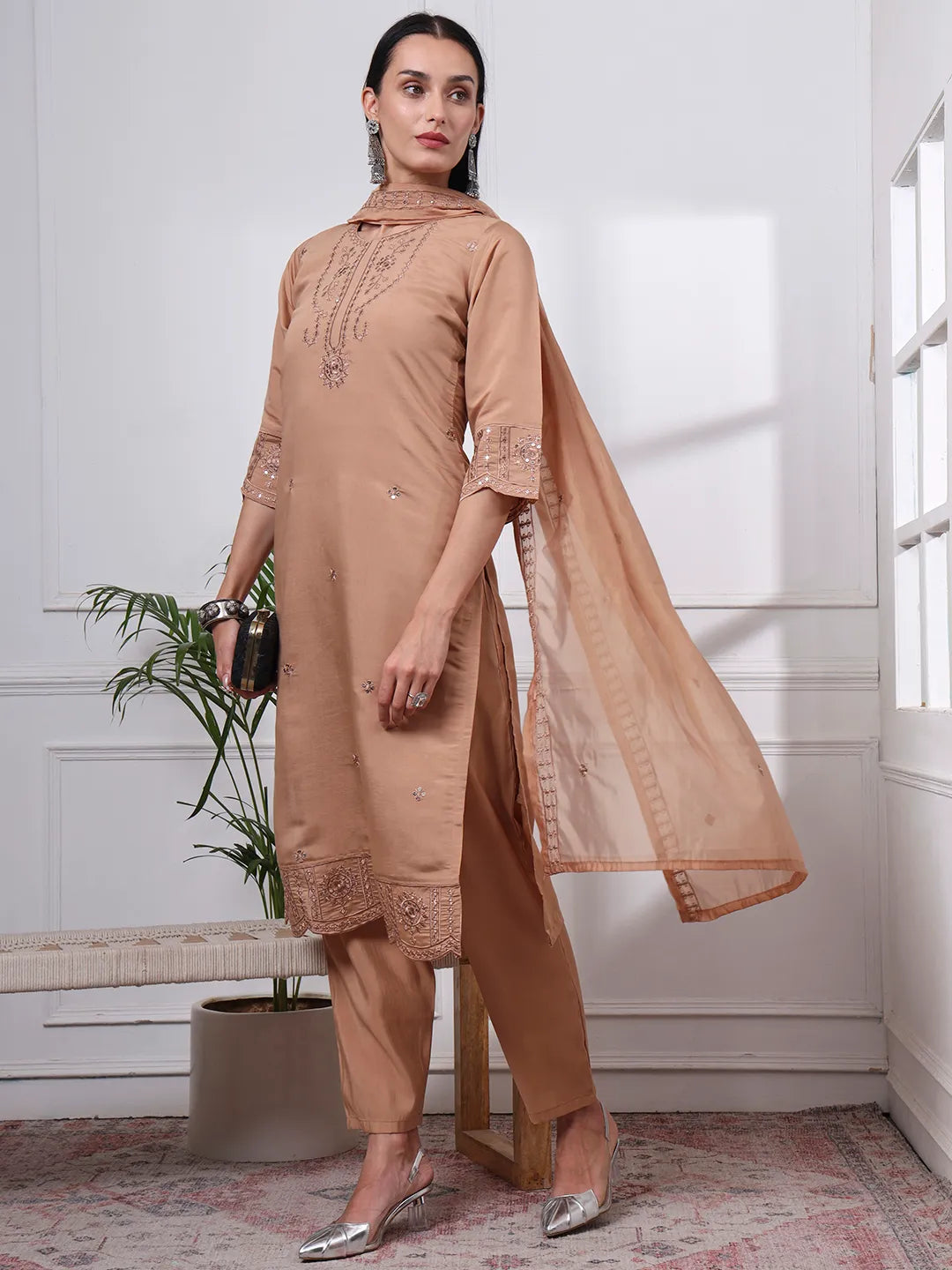 Beige Silk Blend Straight Kurta Dupatta Pant Set Cotton Lining Kurta