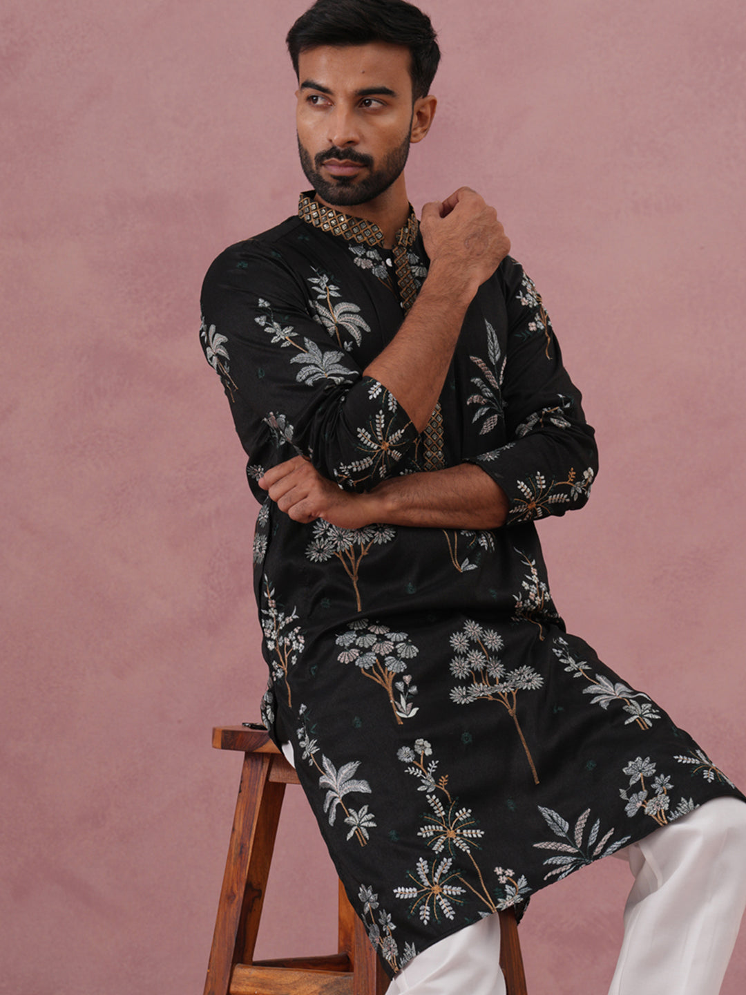 Botanical Embroidered Cotton Blend Kurta For Men