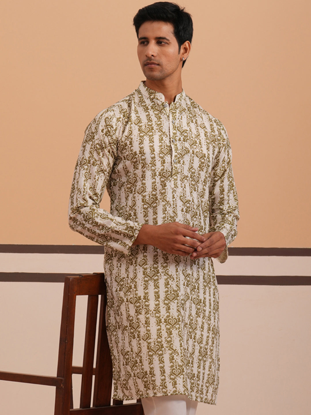 Olive Ethnic Printed Kurta For Men