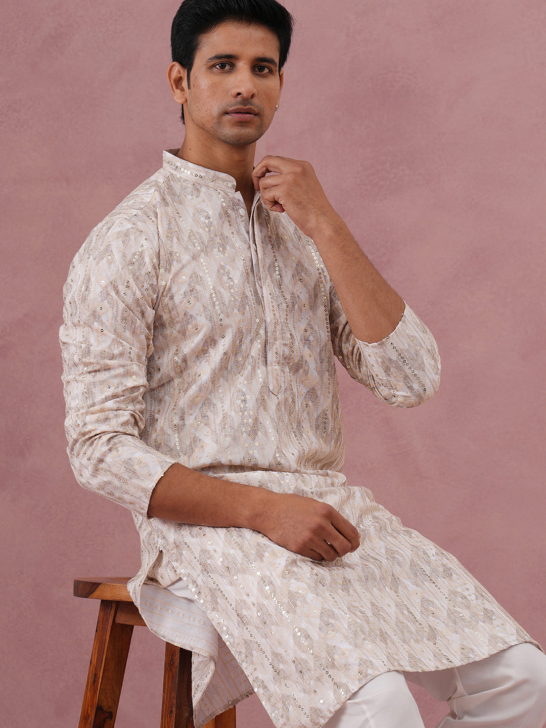Peach Geometric Print & Sequin Kurta