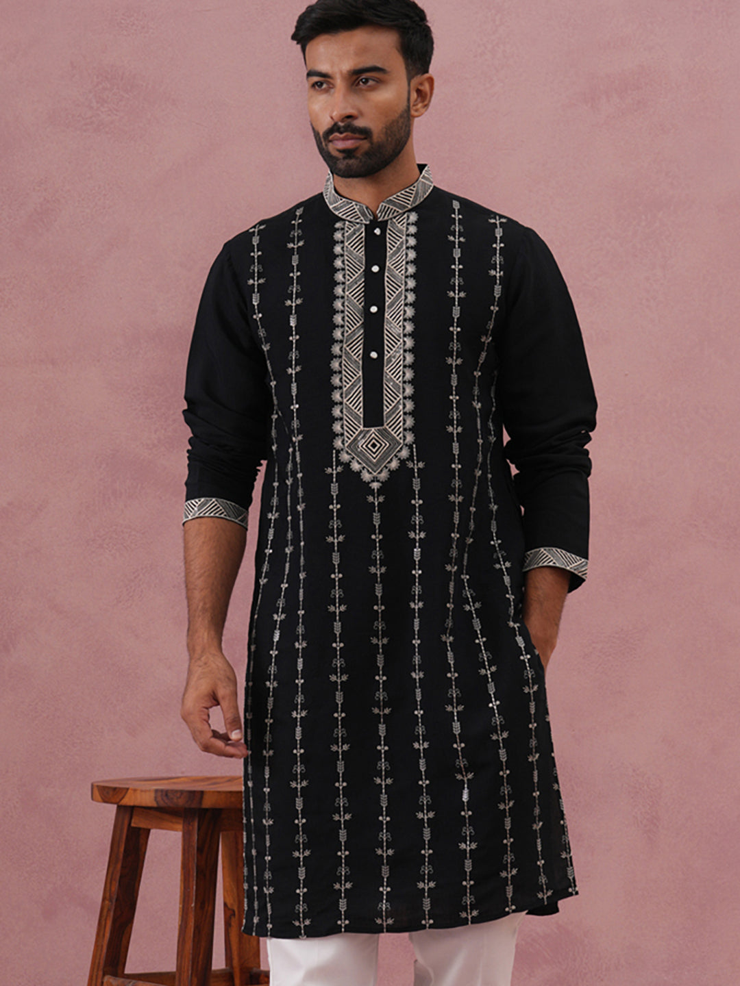 Black Silk Blend Kurta With Off White Geometric Embroidery