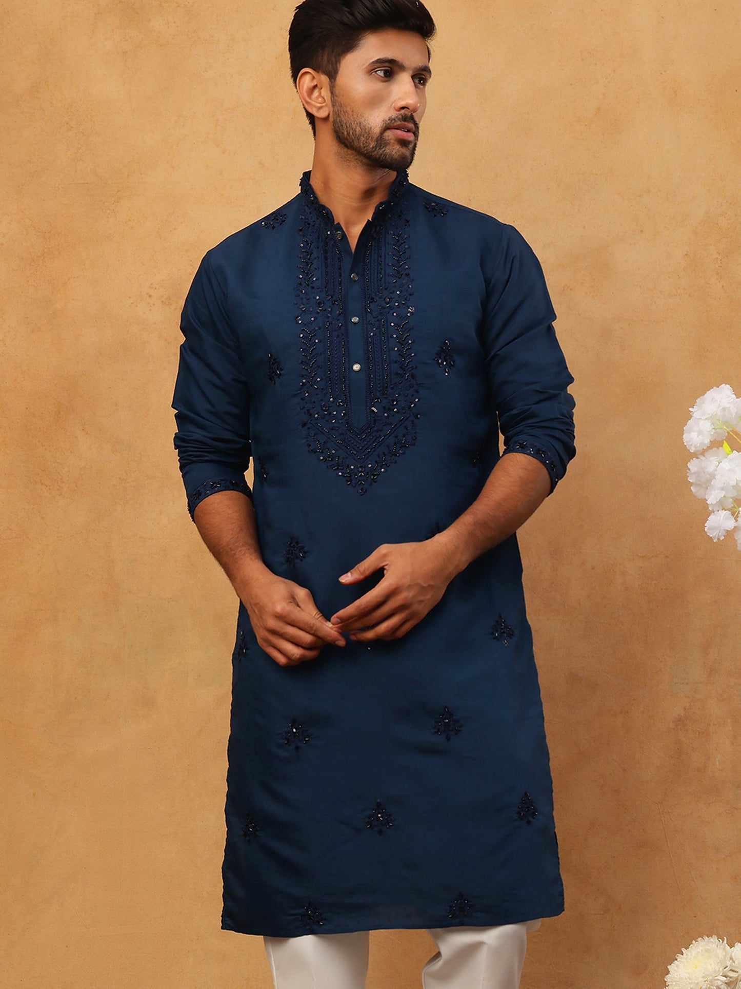 Silk Blend Embroidered Kurta For Men