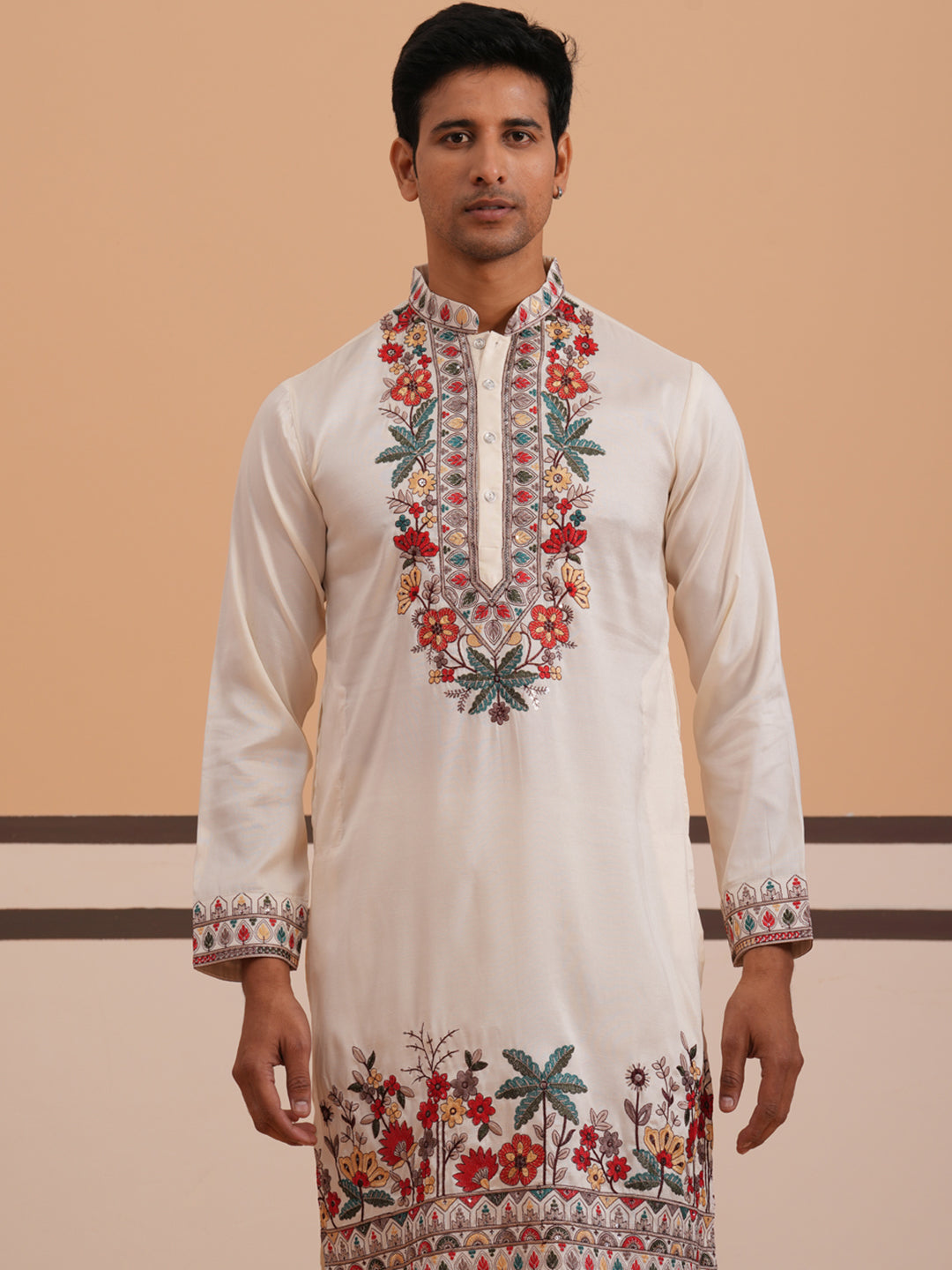 Floral Embroidered Silk Blend Kurta Set