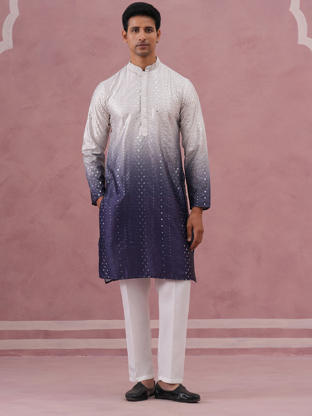 Ombre Silk Blend Kurta Pyjama Set With Sequin Work