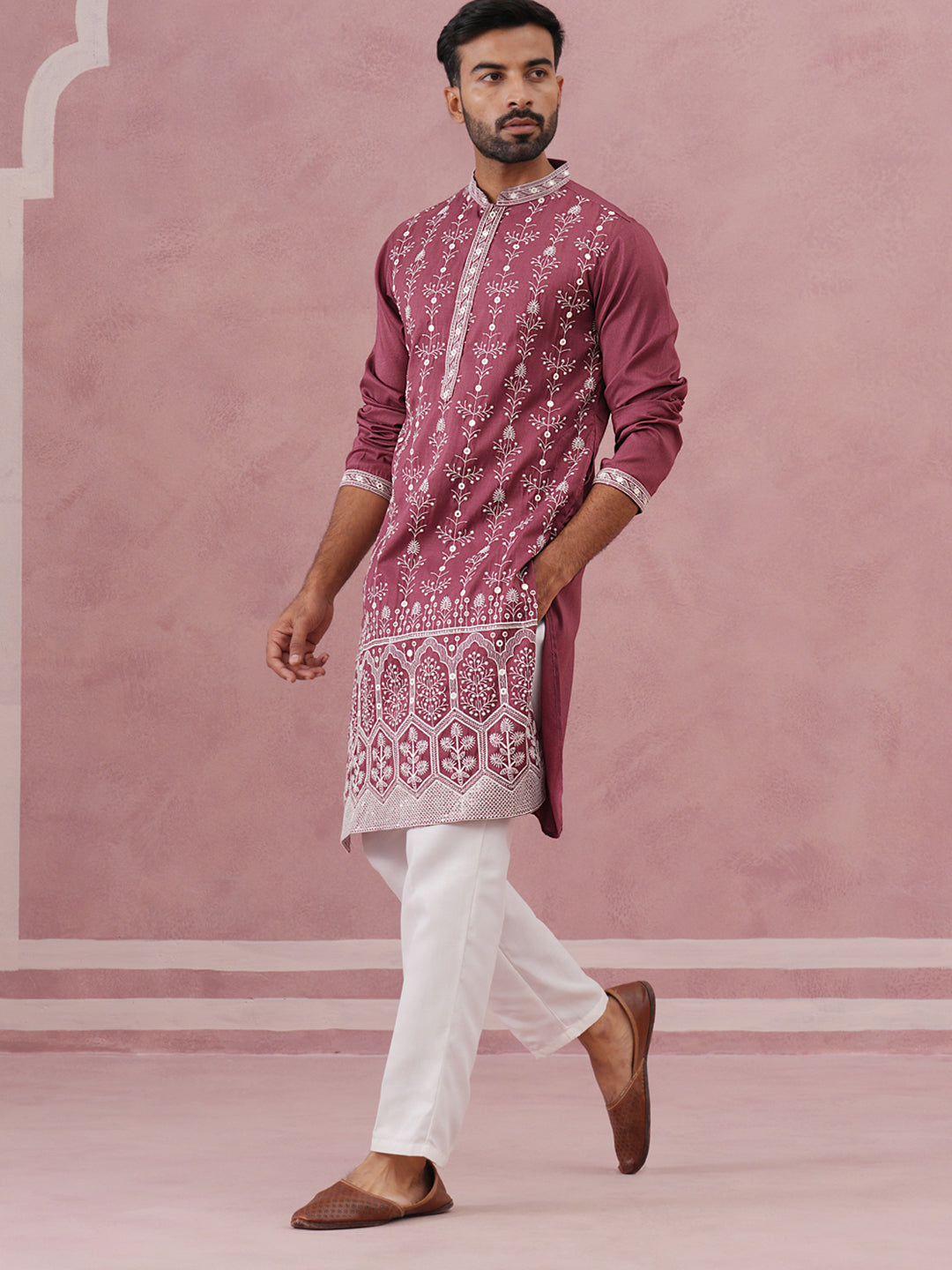 Festive Silk Blend Kurta Pyjama With Sequins Work