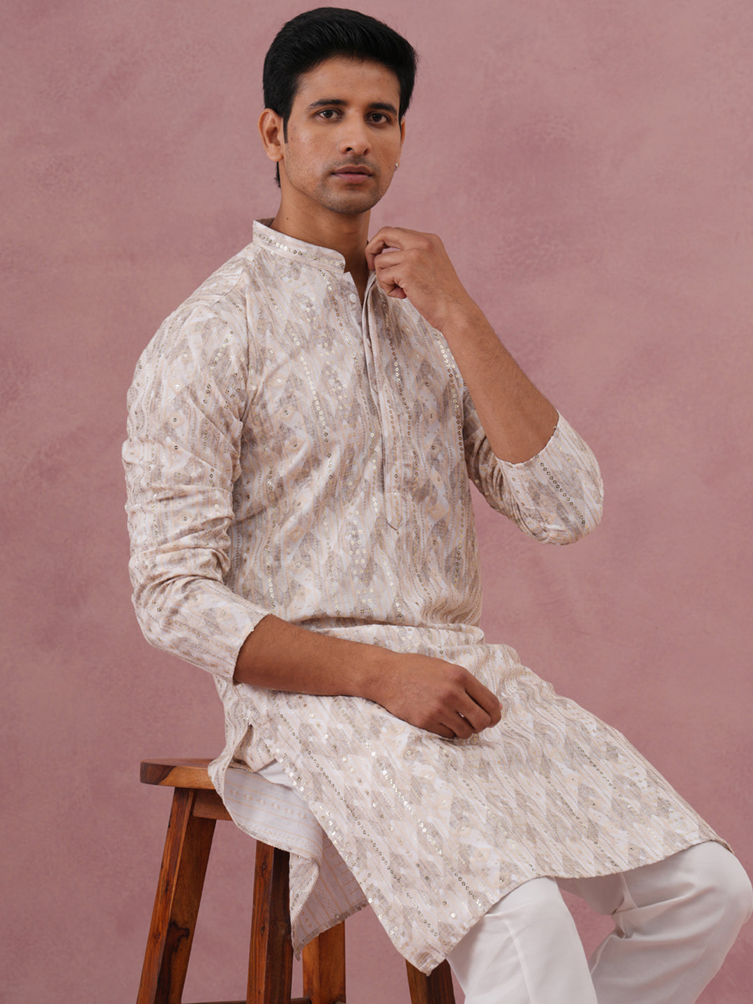 Peach Geometric Print & Sequin Kurta Set