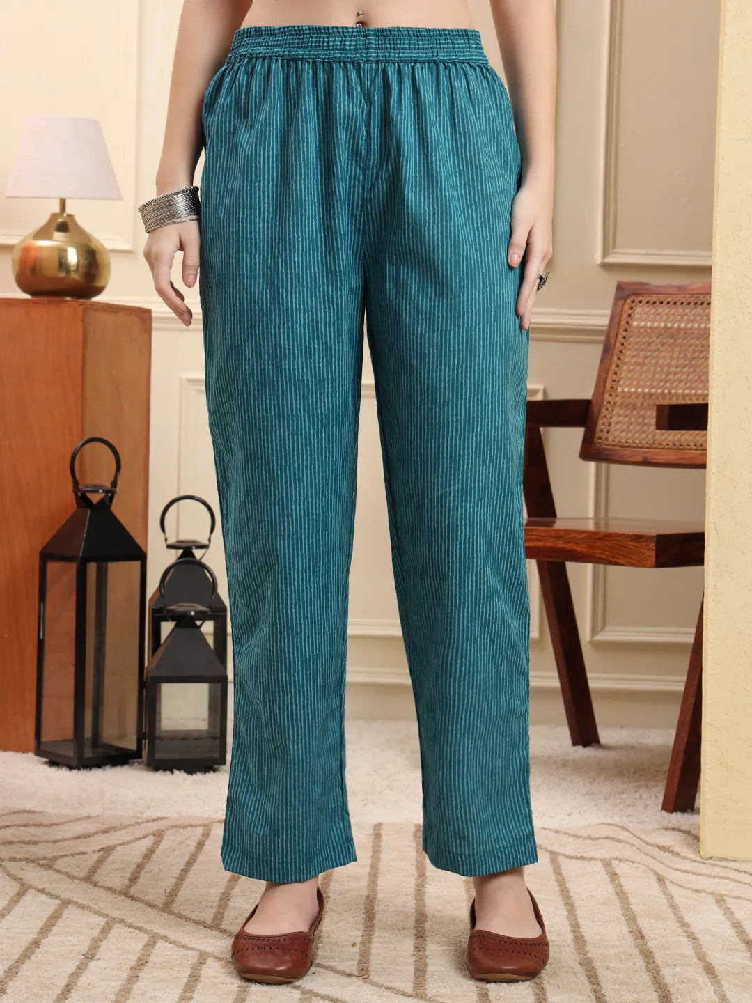 Blue Pure Cotton Thread Work Anarkali Kurta Trouser Dupatta Set