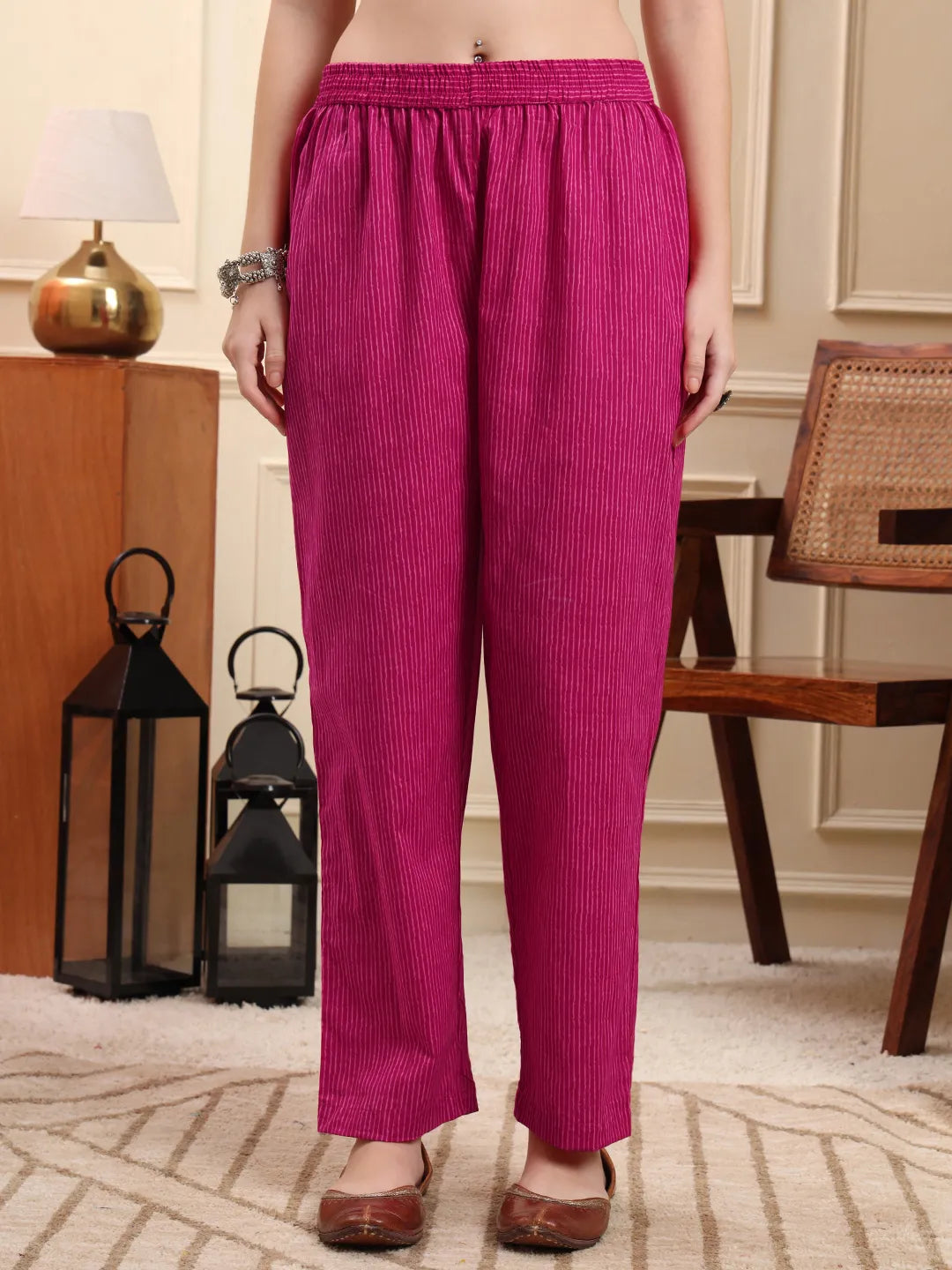 Pink Pure Cotton Thread Work Anarkali Kurta Trouser Dupatta Set