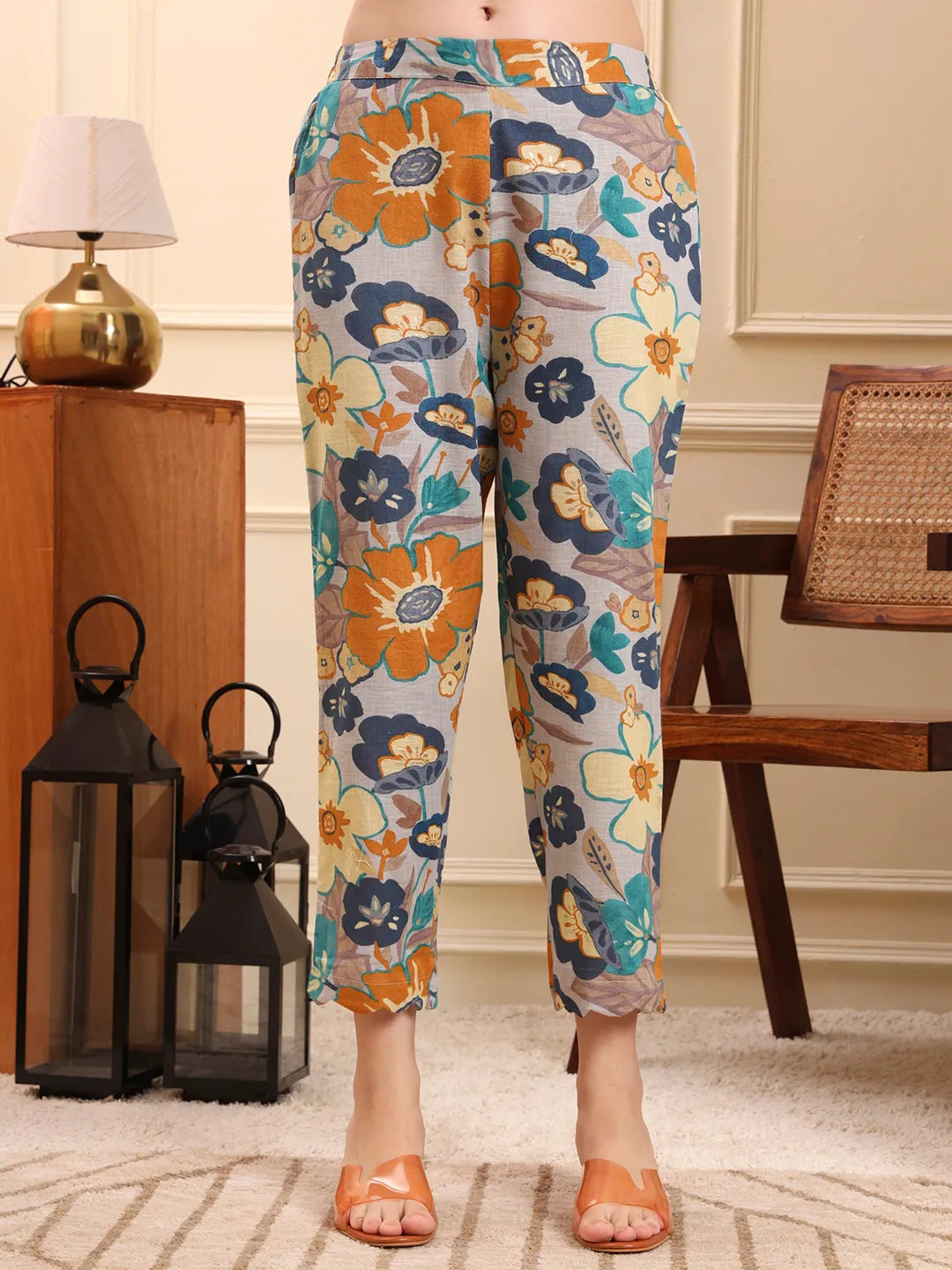 Blue Floral Print A-Line Kurta Trouser Set