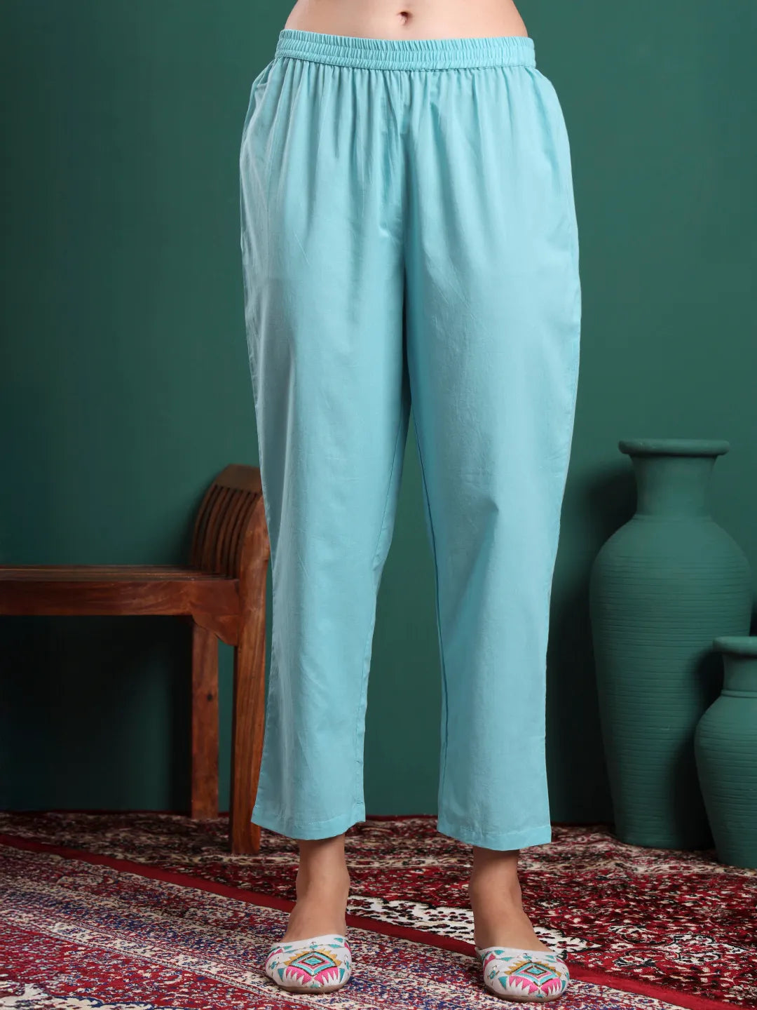 Sky Blue Cotton Floral Print A-Line Kurta Pants & Dupatta Set