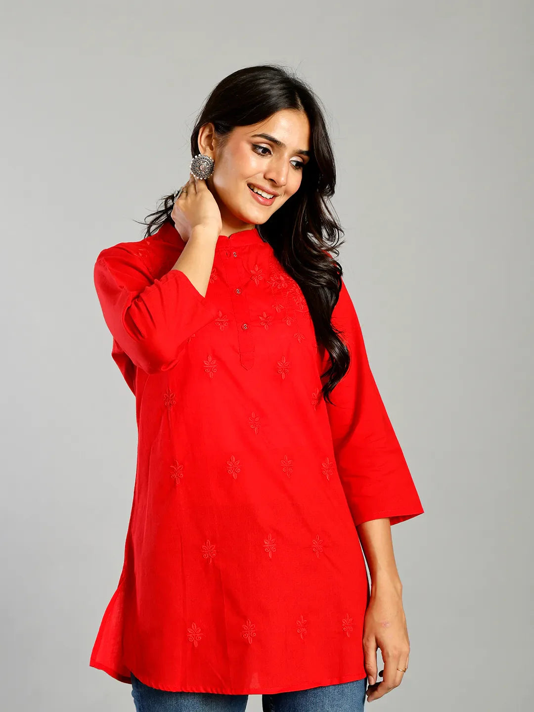 Red Regular Style Top Design Embroidered