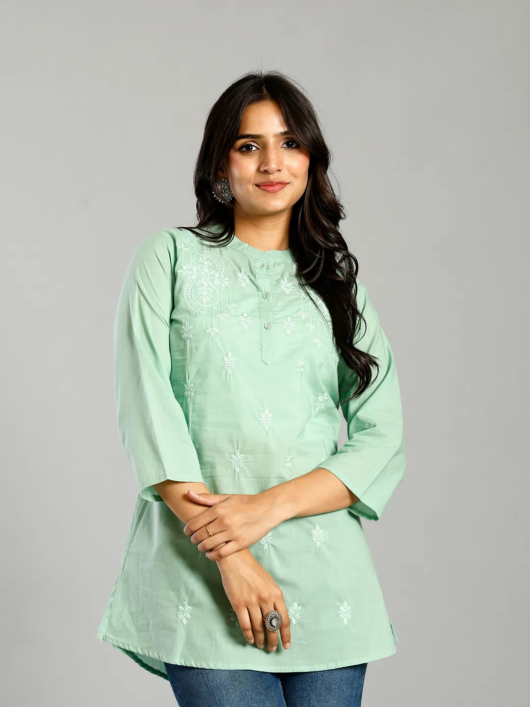 Sea Green Regular Style Top Design Embroidered