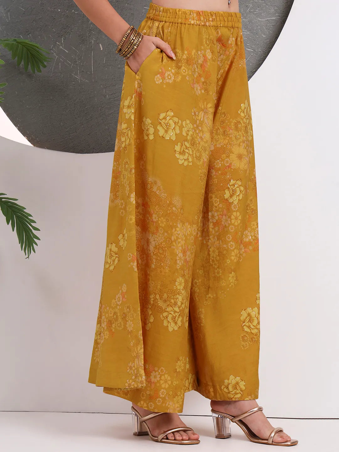 Mustard Silk Blend Halter Neck Kurta Palazzo Set