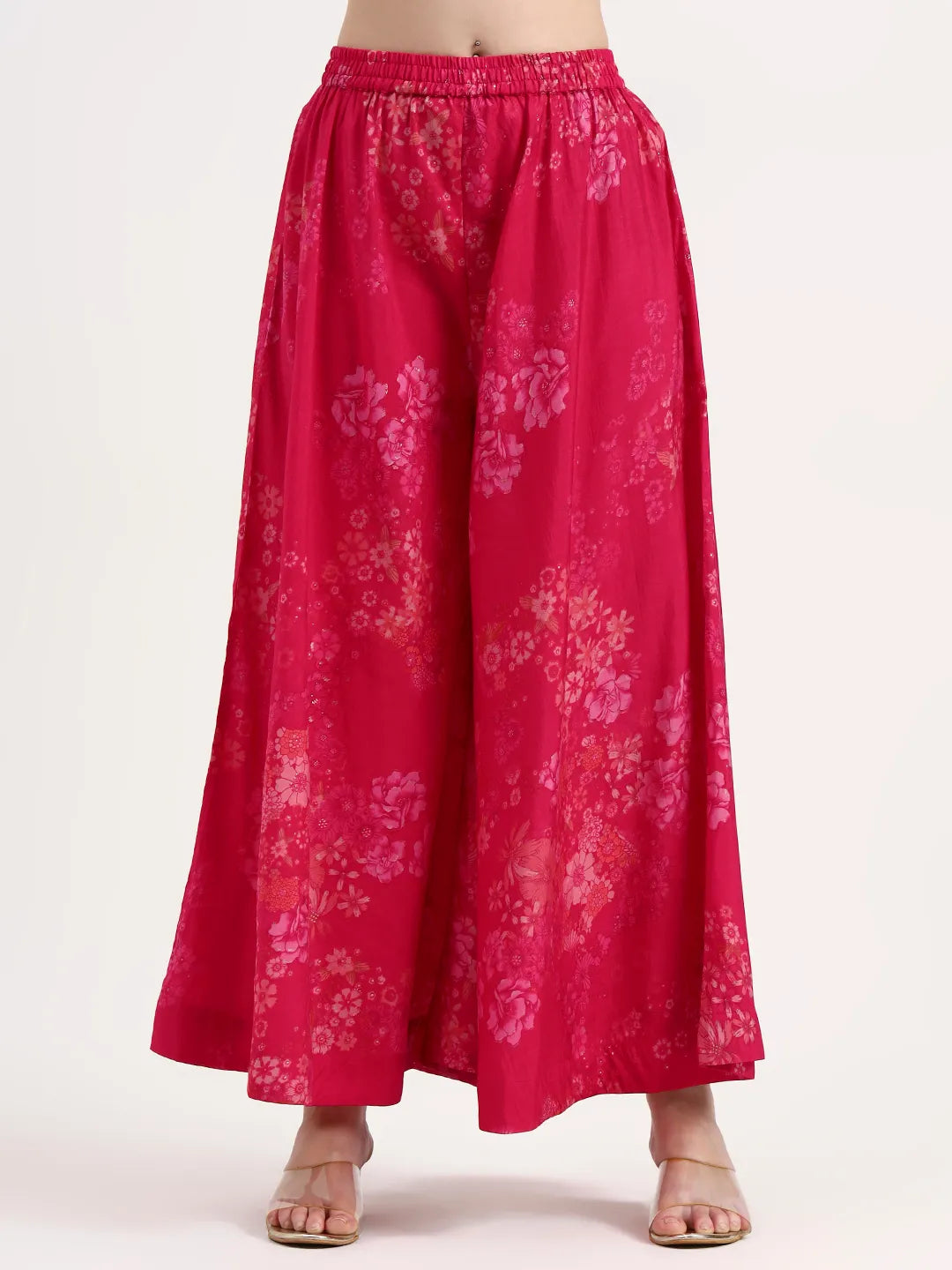 Pink Silk Blend Boat Neck A-Line Kurta Palazzo Set