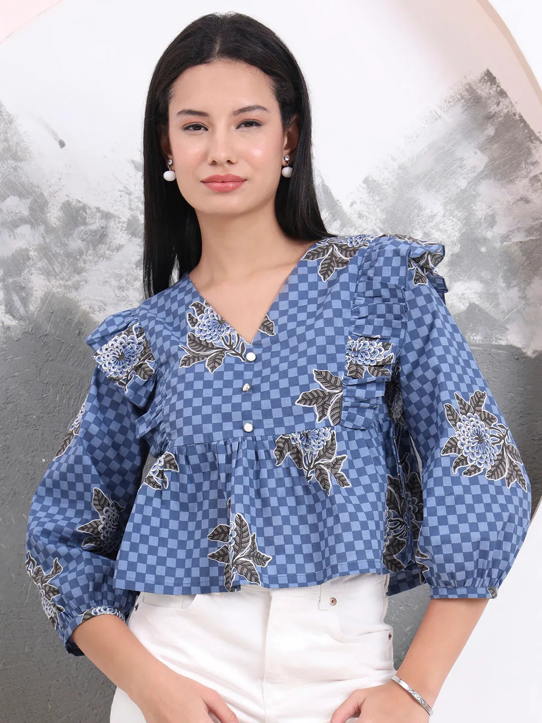 Blue Cotton Gathered Or Pleated Top