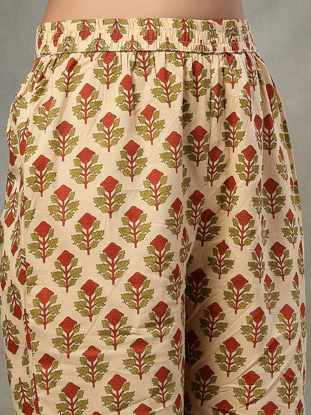 Green And Peach Floral Sequins Work Cotton A-Line Kurta And Trouser Dupatta Set