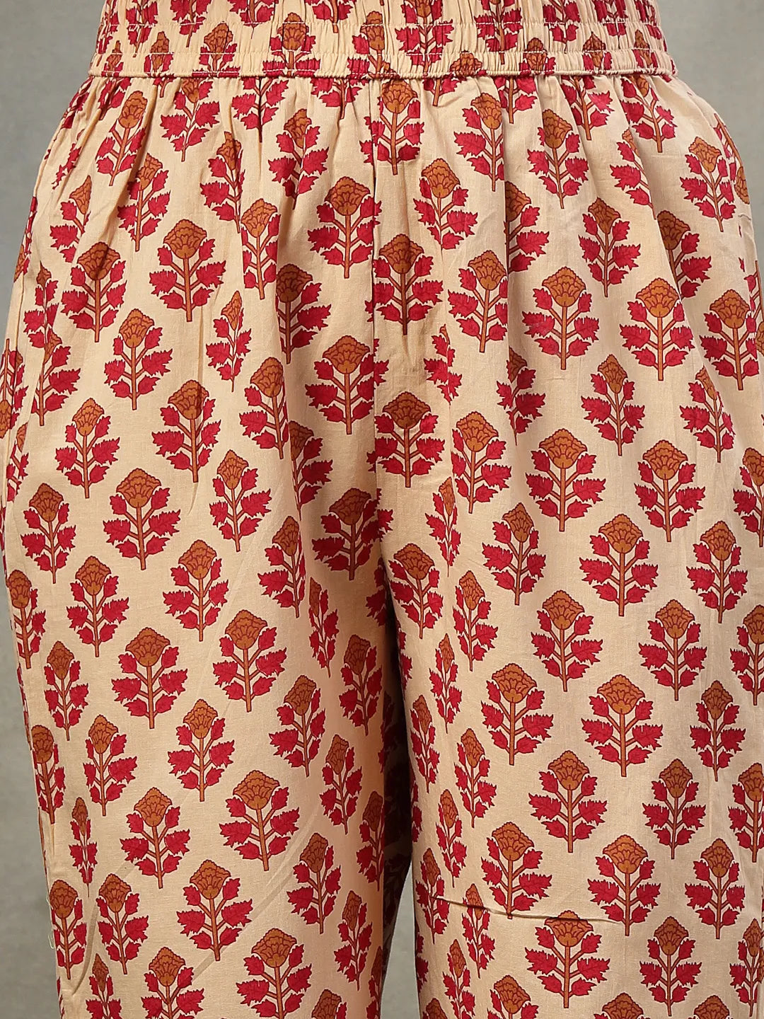 Red And Peach Floral Sequins Work Cotton A-Line Kurta And Trouser Dupatta Set