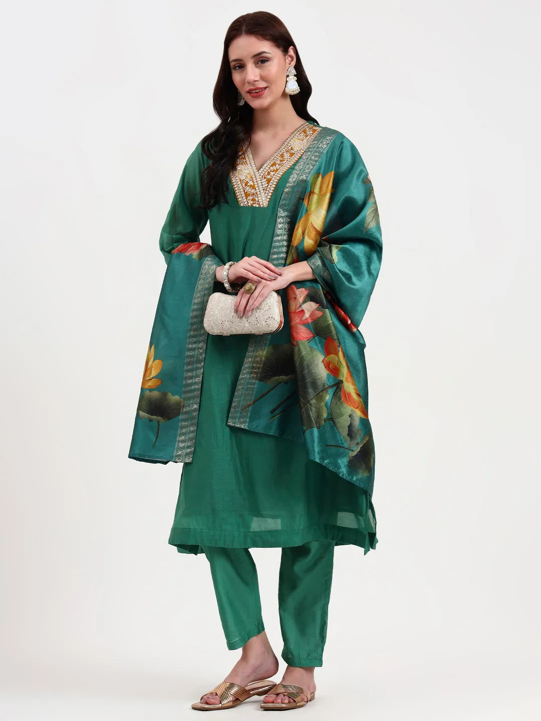 Green Chanderi A Line Dori Embroidery Kurta Set With Pant And Dupatta