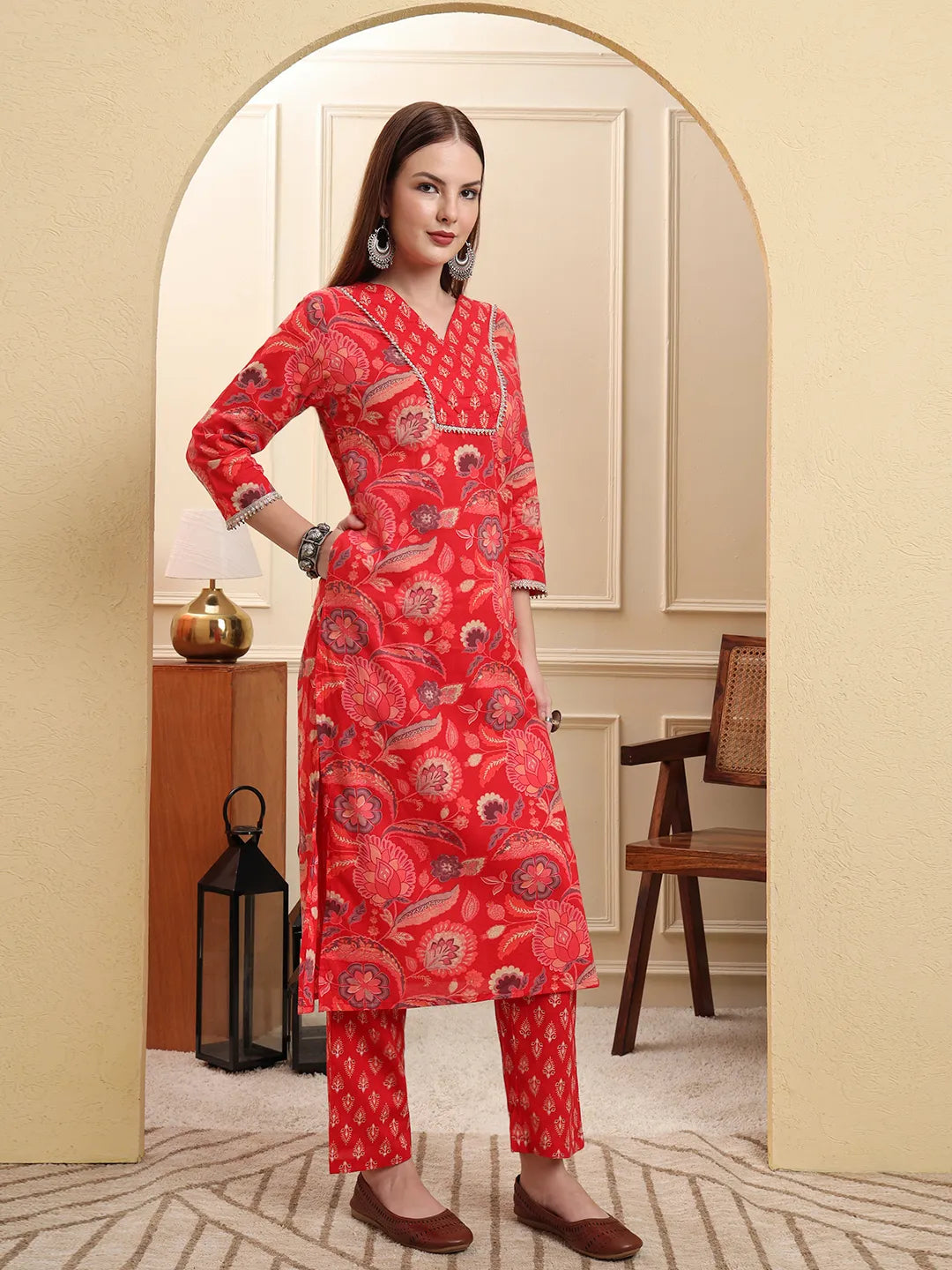 Red Beads And Stones Straight Kurta Trouser Dupatta Set