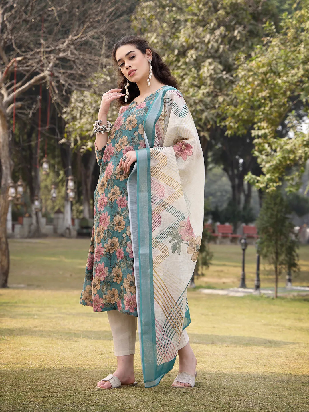 Turquoise Blue Floral Print linen A Line Have A Lining Kurta Trouser Dupatta Set