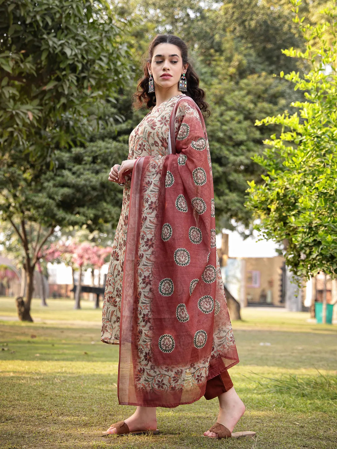 Beige Linen Floral Print Sequins-Work A-Line Show Button Kurta Trouser Dupatta Set