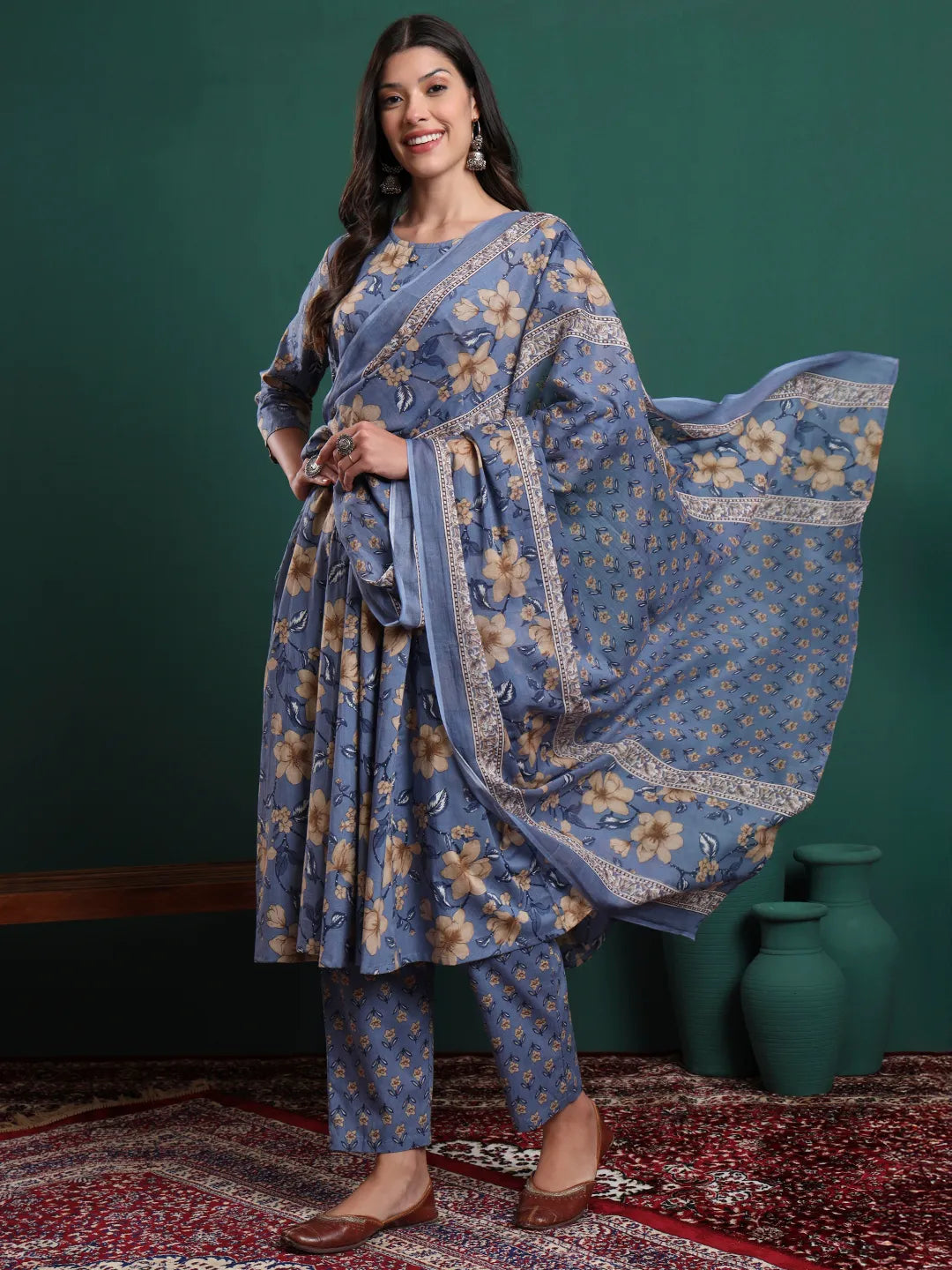Blue Floral Print Maternity A-Line Kurta Trouser Dupatta Set