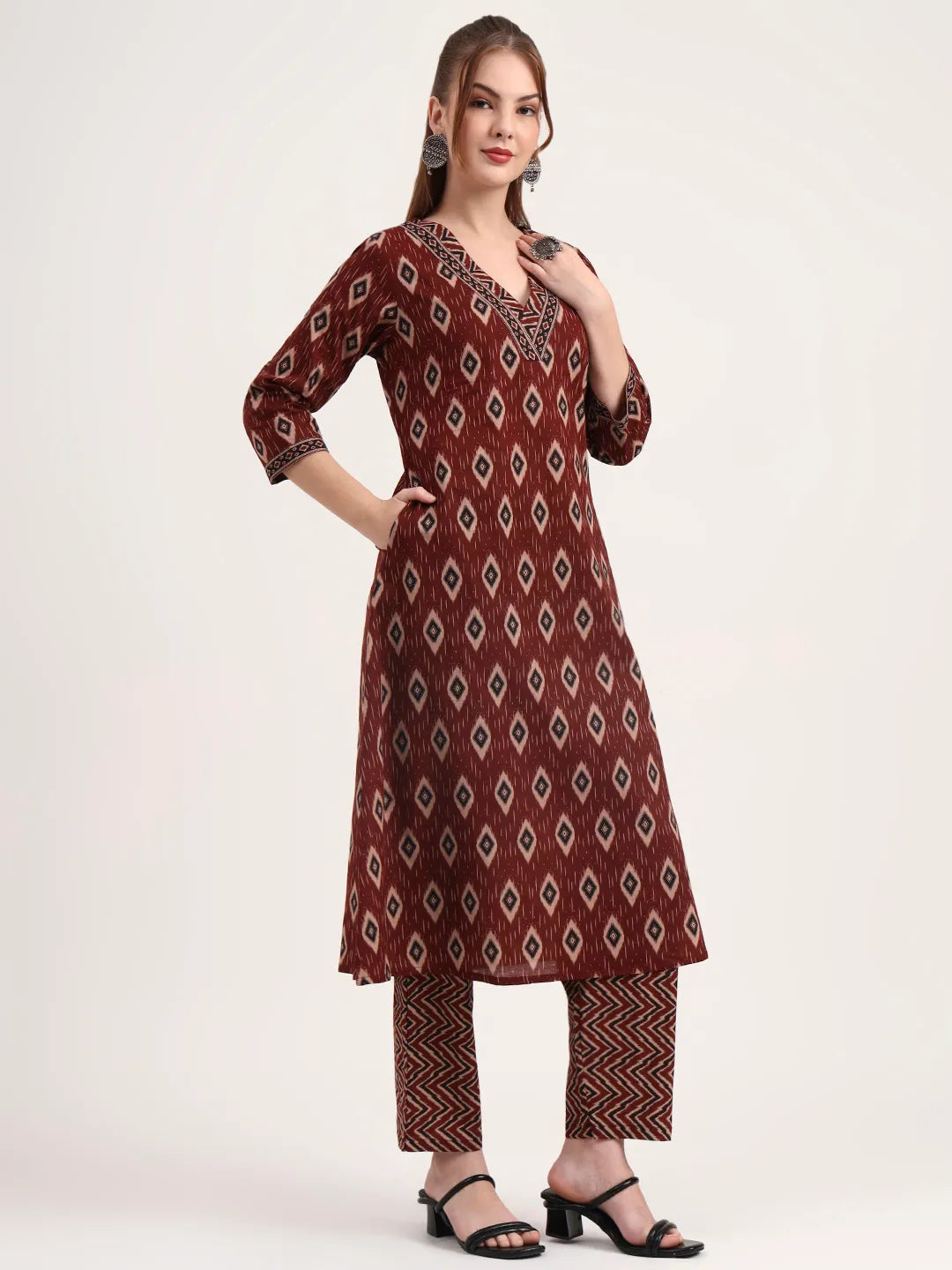 Maroon Pure Cotton Ethnic Print A-Line Kurta Trouser Dupatta Set