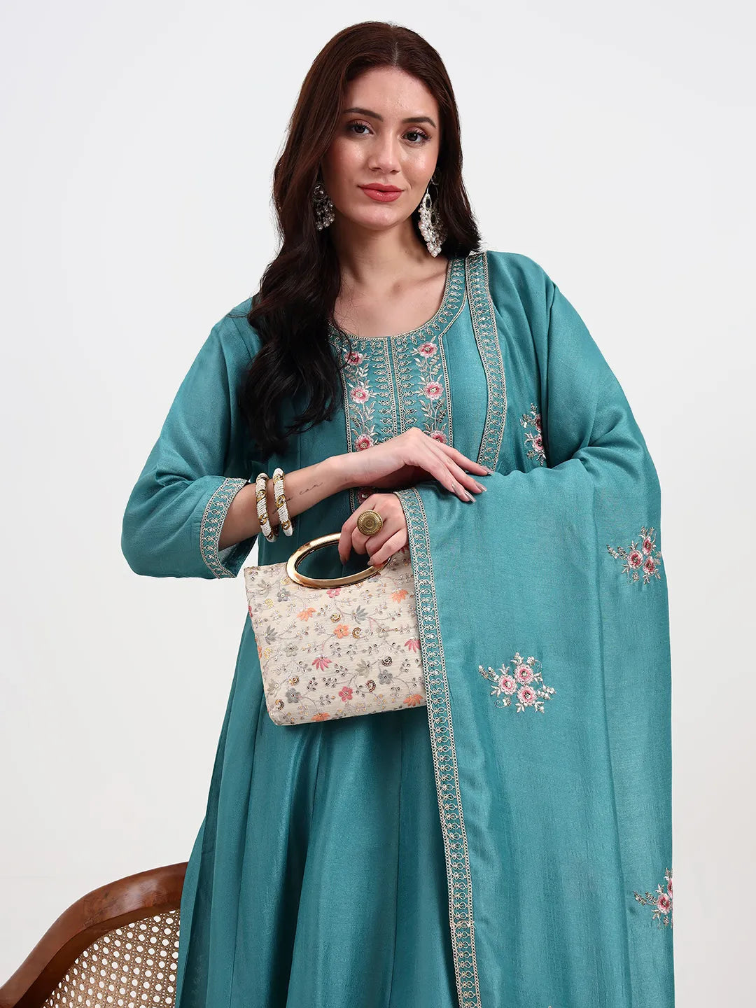 Turquoise Blue Vichitra Kalidaar Kurta Set With Pant And Dupatta