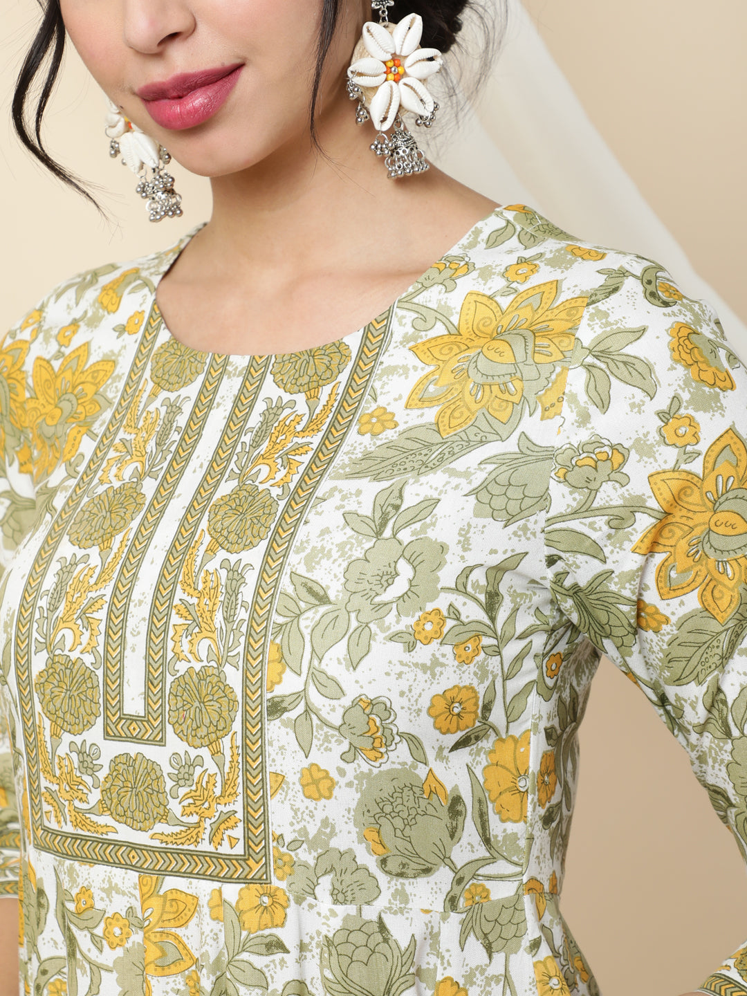 Cotton Calf Length Printed Flared 3/4 Sleeves Round Kurta Bottom Dupatta Set