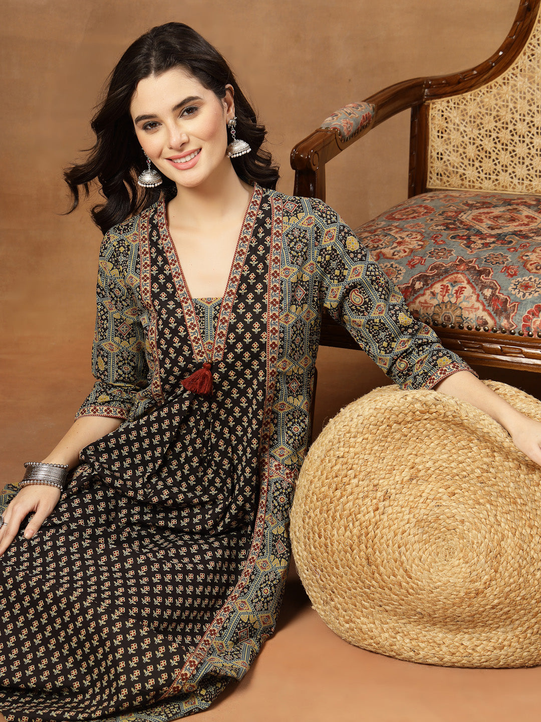 A-Line Printed Cotton V-Neck Kurta Set