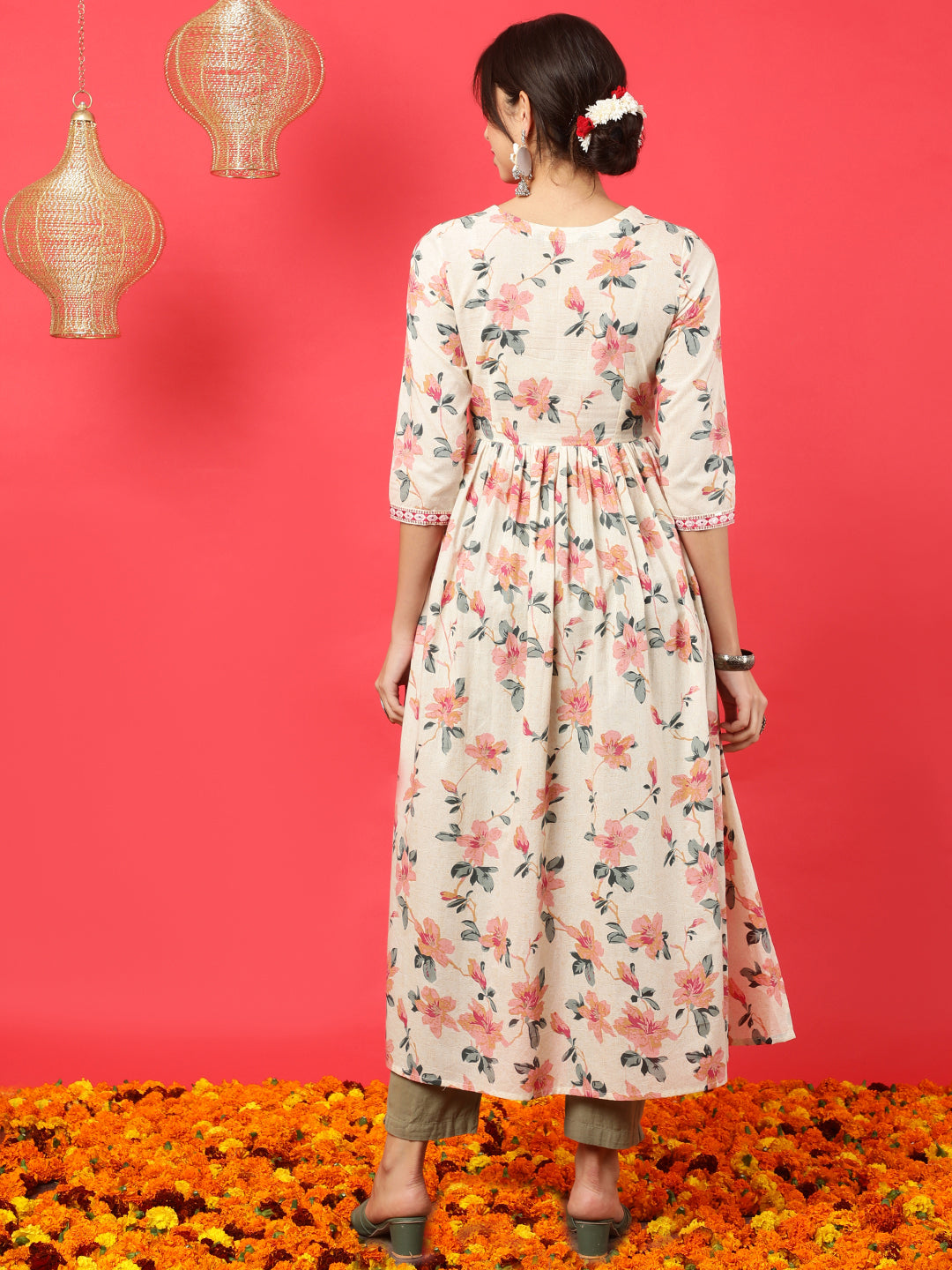 Rayon  Calf Length Printed Semi-Flared 3/4 Sleeves V-Neck Kurta