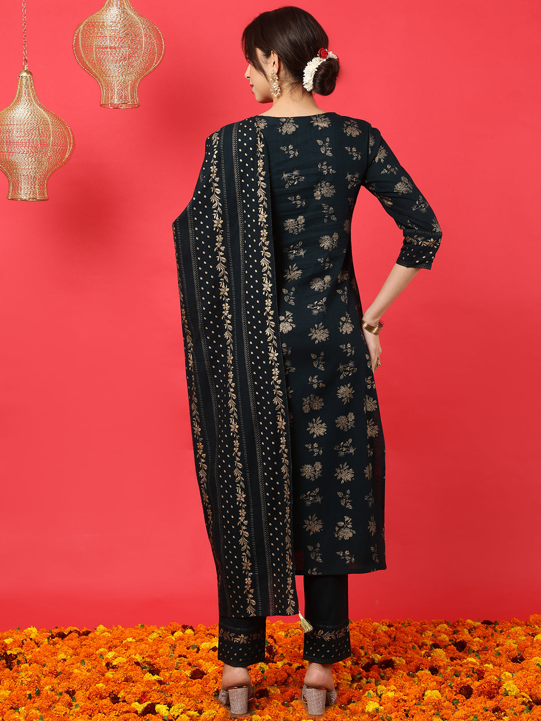 Rayon Calf Length Printed Straight 3/4 Sleeves Round Neck Kurta Bottom Dupatta Set